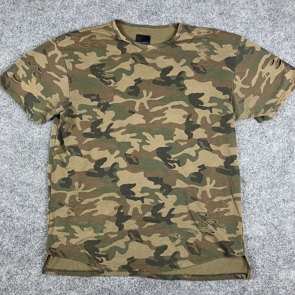Camo T-Shirt Mens‎ L Green Distressed Camouflage Short Sleeve Streetwear Tee